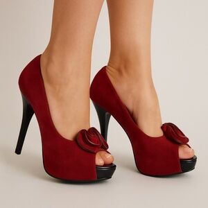“Flirty in Red” Pin Up Couture Heels | Ruffle Peep-Toe Pumps | Vintage-Inspired